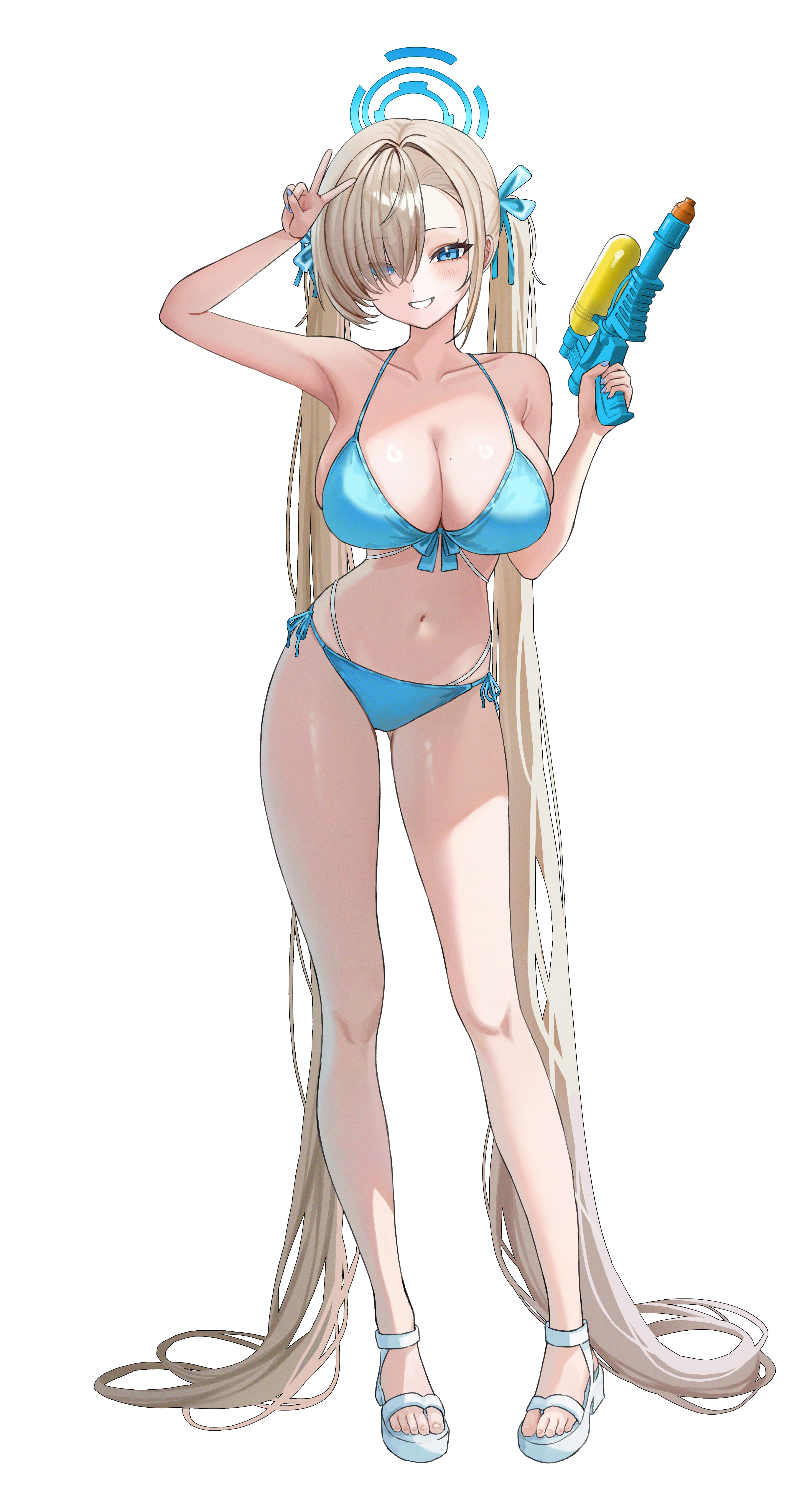 1girl absurdly_long_hair absurdres alternate_costume alternate_hairstyle asuna_(blue_archive) bikini blue_archive blue_bikini blue_eyes blue_halo blue_ribbon blush breasts brown_hair cleavage collarbone commentary contrapposto english_commentary eyes_visible_through_hair full_body hair_over_one_eye hair_ribbon halo hand_up highres holding_toy_gun large_breasts long_hair looking_at_viewer navel ribbon sandals simple_background skindentation smile solo standing swimsuit thighs toes twintails v very_long_hair water_gun white_sandals yamu_(yamu_030)