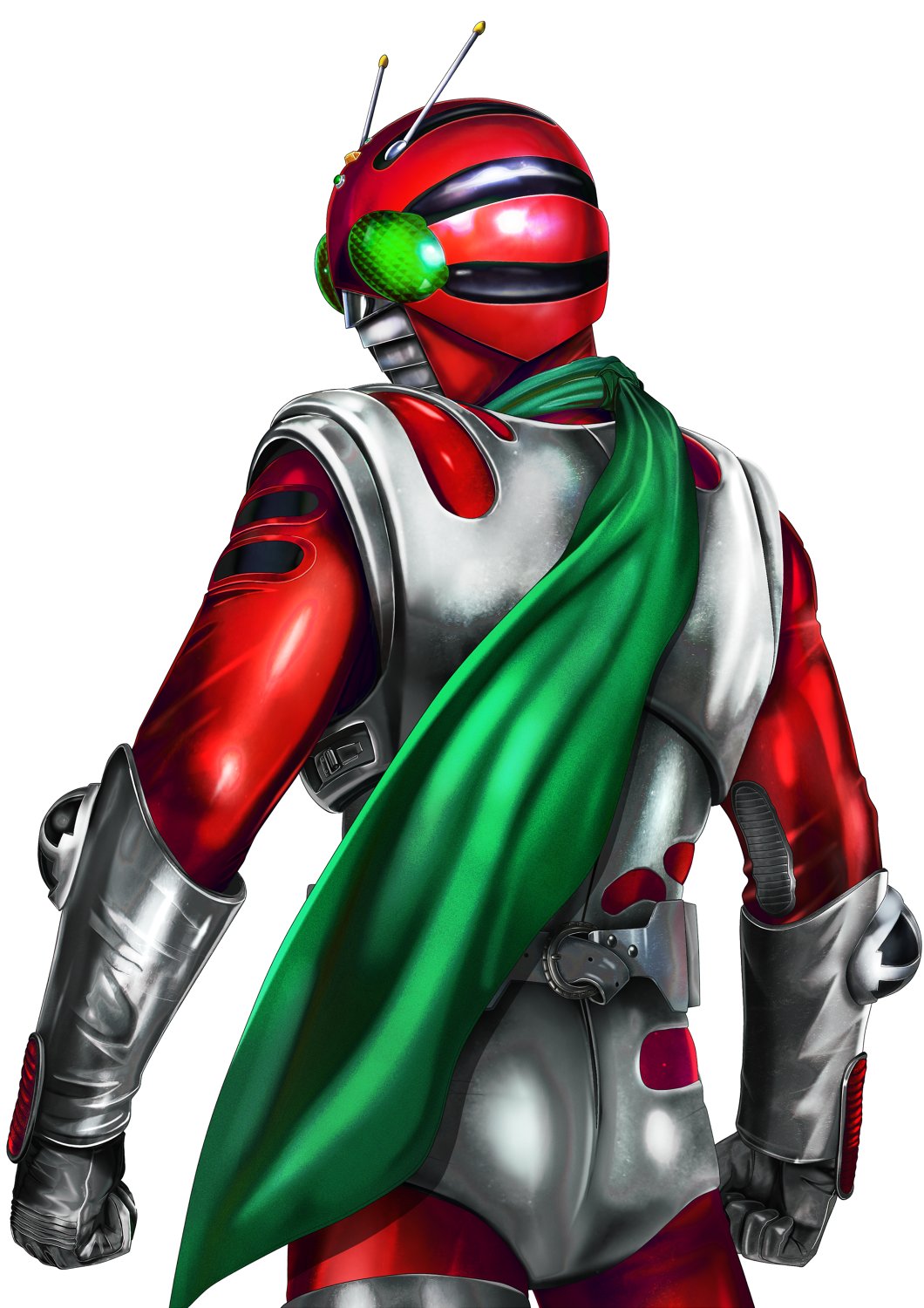 1984_(year) 1boy antennae armor ass belt cropped_legs cyborg everyone gloves green_eyes green_scarf highres kamen_rider kamen_rider_zx looking_at_viewer looking_back male_focus mask masukudo_(hamamoto_hikaru) ninja rider_belt scarf solo standing