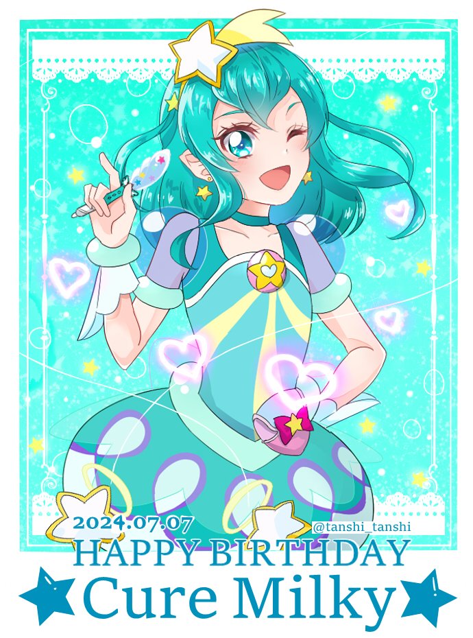 1girl 2024 aqua_background aqua_choker aqua_dress aqua_eyes aqua_hair bracelet brooch character_name choker cure_milky dated dress earrings hagoromo_lala hair_ornament hairband jewelry looking_at_viewer magical_girl open_mouth pointy_ears precure see-through_clothes see-through_sleeves short_sleeves smile solo star-shaped_pupils star_(symbol) star_color_pen star_earrings star_hair_ornament star_in_eye star_twinkle_precure symbol-shaped_pupils symbol_in_eye tanshi_tanshi twitter_username upper_body yellow_hairband
