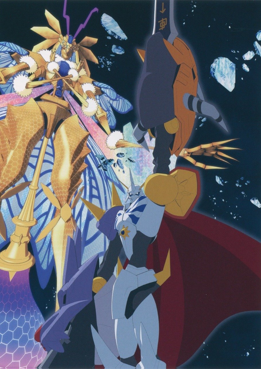 arthropod_girl cape digimon digimon_(creature) eosmon_ultimate fusion highres looking_at_viewer omegamon size_difference