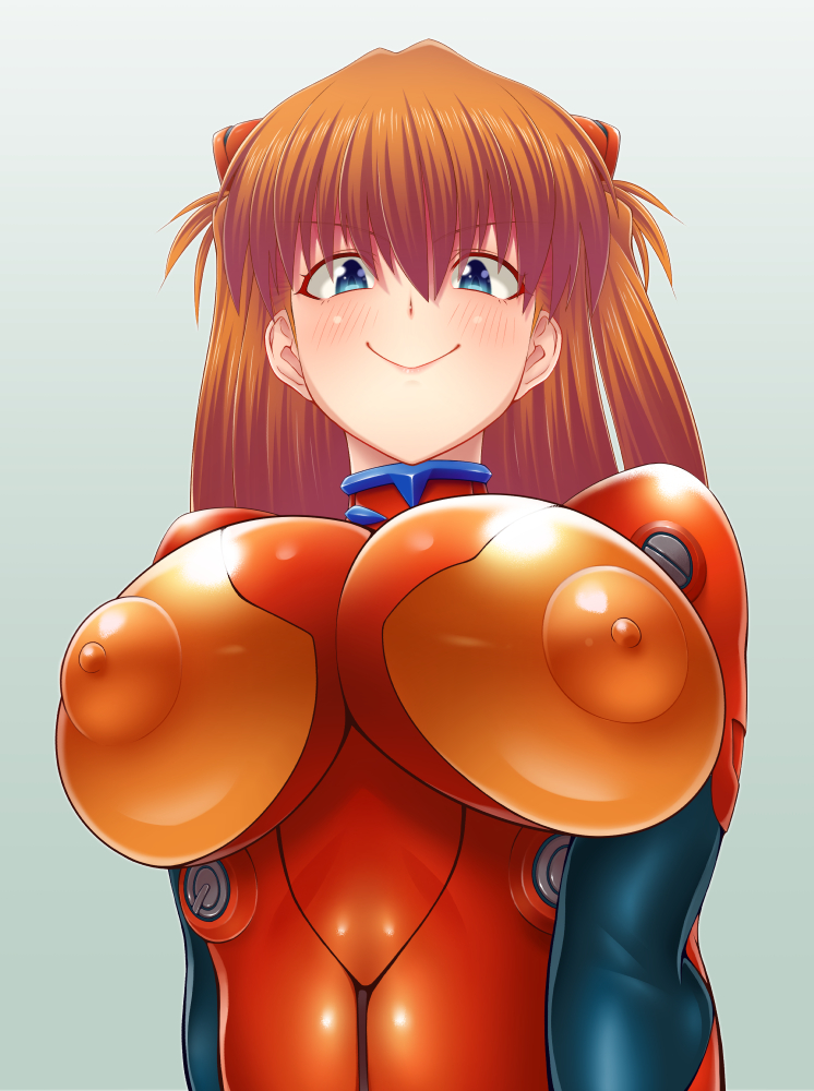 1girl :&gt; alternate_breast_size blue_eyes blush bodysuit breasts impossible_clothes interface_headset_(evangelion) large_breasts long_hair looking_at_viewer mecha_pilot_suit neon_genesis_evangelion nipples pixiv1478062 plugsuit_(evangelion) puffy_nipples red_bodysuit shiny_clothes simple_background skin_tight smile solo souryuu_asuka_langley upper_body