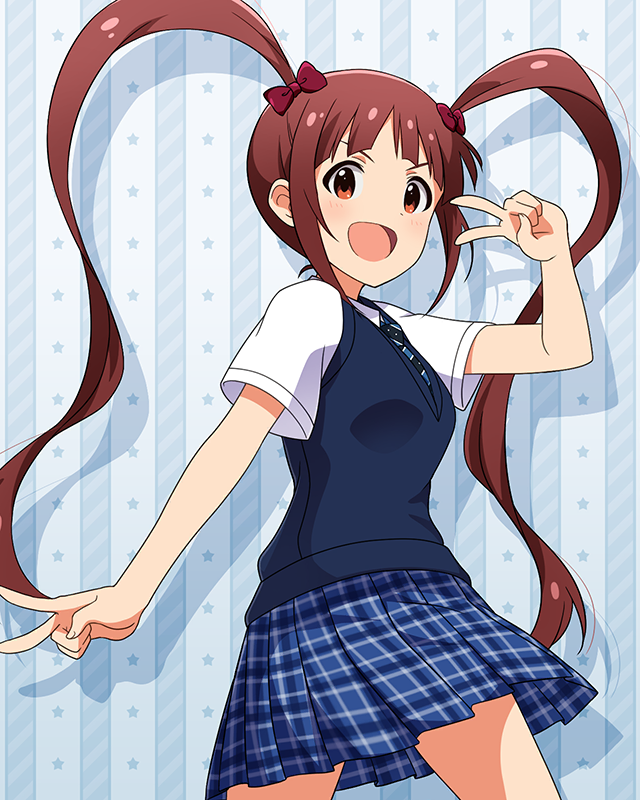 1girl :d aqua_background blue_necktie blue_sweater_vest blush brown_eyes brown_hair card_(medium) cowboy_shot double_v from_side hair_ribbon idolmaster idolmaster_million_live! idolmaster_million_live!_theater_days lone_nape_hair long_hair looking_at_viewer looking_to_the_side matsuda_arisa necktie official_art open_mouth pleated_skirt red_ribbon ribbon school_uniform shirt short_sleeves skirt smile solo star_(symbol) summer_highschool_(idolmaster) summer_uniform_series_(idolmaster) sweater_vest twintails v v_over_eye very_long_hair
