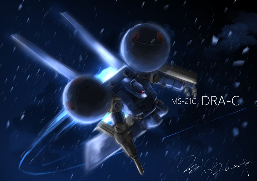 character_name dra-c gundam gundam_0083 mecha mobile_suit motion_blur no_humans one-eyed open_hands pink_eyes robot science_fiction serike_w solo space zeon