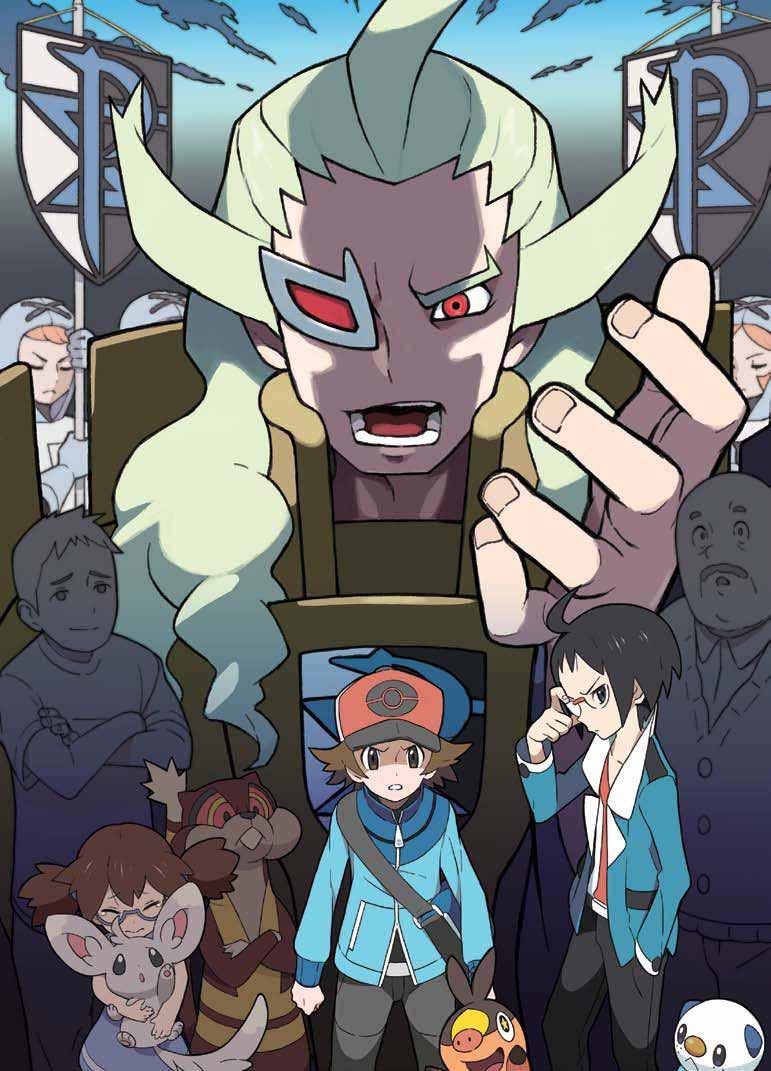 2girls 6+boys adjusting_eyewear ahoge bag baseball_cap black_hair black_pants blue_jacket brown_eyes brown_hair cheren_(pokemon) commentary_request gen_5_pokemon ghetsis_(pokemon) glasses hand_in_pocket hat hilbert_(pokemon) holding holding_pokemon jacket korean_commentary long_sleeves minccino miramu_love multiple_boys multiple_girls nintendo open_clothes open_jacket open_mouth oshawott pants pokemon pokemon_(creature) pokemon_bw school_kid_(pokemon) shirt short_hair shoulder_bag team_plasma team_plasma_grunt team_plasma_uniform teeth tepig tongue watchog white_shirt zipper_pull_tab