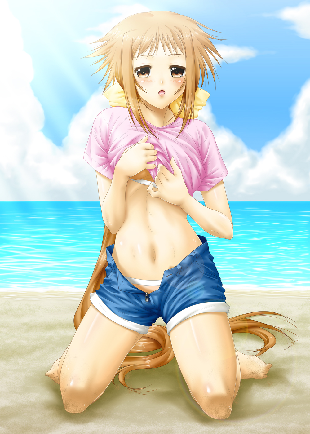00s 1girl ayato bad_id bad_pixiv_id bikini bikini_under_clothes brown_eyes brown_hair clothes_lift denim denim_shorts dieci_(nanoha) female_focus highres kneeling long_hair lyrical_nanoha mahou_shoujo_lyrical_nanoha_strikers numbers_(nanoha) open_fly sand shirt shirt_lift shorts solo swimsuit swimsuit_under_clothes t-shirt unbuttoned unzipped very_long_hair