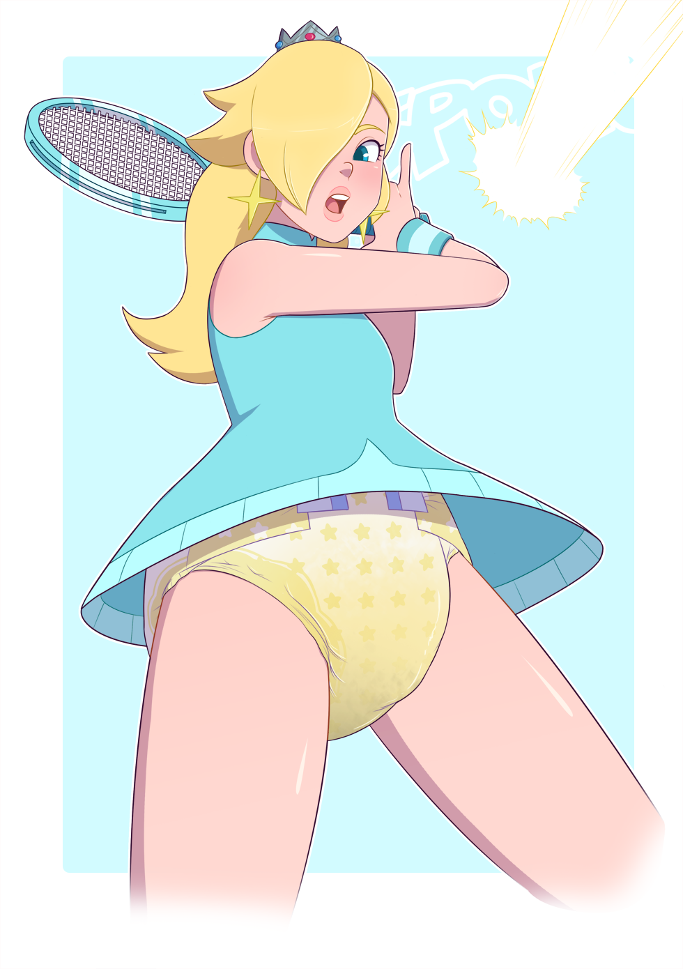 blonde_hair blue_dress diaper dress highres long_hair looking_to_the_side mario_(series) mario_tennis mario_tennis_aces nintendo open_mouth pee pieceofsoap racket rosalina short_dress standing tennis_racket wet_diaper