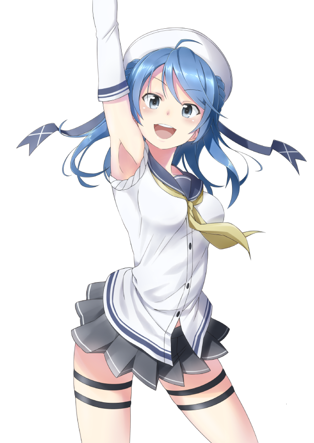 10s 1girl :d blue_eyes blue_hair blush breasts commentary_request double_bun elbow_gloves female_focus gloves hair_bun hat kantai_collection large_breasts looking_at_viewer matching_hair/eyes open_mouth pleated_skirt sailor_hat scarf school_uniform serafuku skirt sleeves_rolled_up smile solo takahan urakaze_(kancolle) white_gloves white_hat