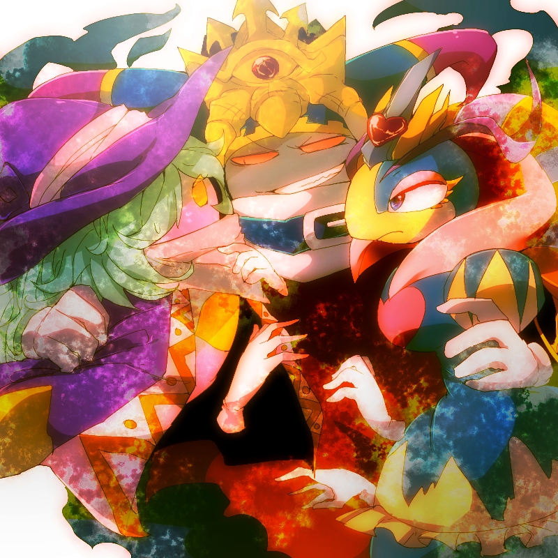 1boy 2girls belt belt_buckle blue_belt blue_dress blue_eyes brooch buckle cape cloak closed_mouth colored_skin commentary_request covered_mouth crown disembodied_hand drawcia dress eyelashes eyeshadow frilled_dress frills frown fur_shawl gesugao gloves green_hair hand_around_waist hat hat_ornament heart heart_brooch heart_hat_ornament horns jewelry kirby_(series) long_hair looking_at_another magolor makeup master_crown multiple_girls nintendo no_humans open_mouth pink_eyeshadow pink_skin puffy_short_sleeves puffy_sleeves purple_cape purple_headwear purple_horns queen_sectonia rayman_limbs red_cloak red_eyes scarf sharp_teeth shawl shirushiki short_sleeves smirk solid_oval_eyes teeth v-shaped_eyebrows white_background white_gloves white_scarf witch_hat yellow_eyes yellow_headwear yellow_trim
