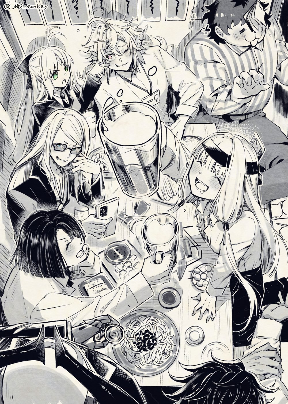 2girls 6+boys ahoge artoria_caster_(fate) artoria_caster_(third_ascension)_(fate) artoria_pendragon_(fate) bow closed_mouth collared_shirt cup diamond_(shape) drinking eating fate/grand_order fate_(series) food glasses green_eyes greyscale hair_bow highres holding holding_phone jacket king_hassan_(fate) long_hair long_sleeves merlin_(fate) monochrome mug multiple_boys multiple_girls necktie open_mouth ornament phone romulus_quirinus_(fate) shirt short_hair sitting super_orion_(fate) table teeth tezcatlipoca_(fate) twintails uvula very_long_hair worrisorochi