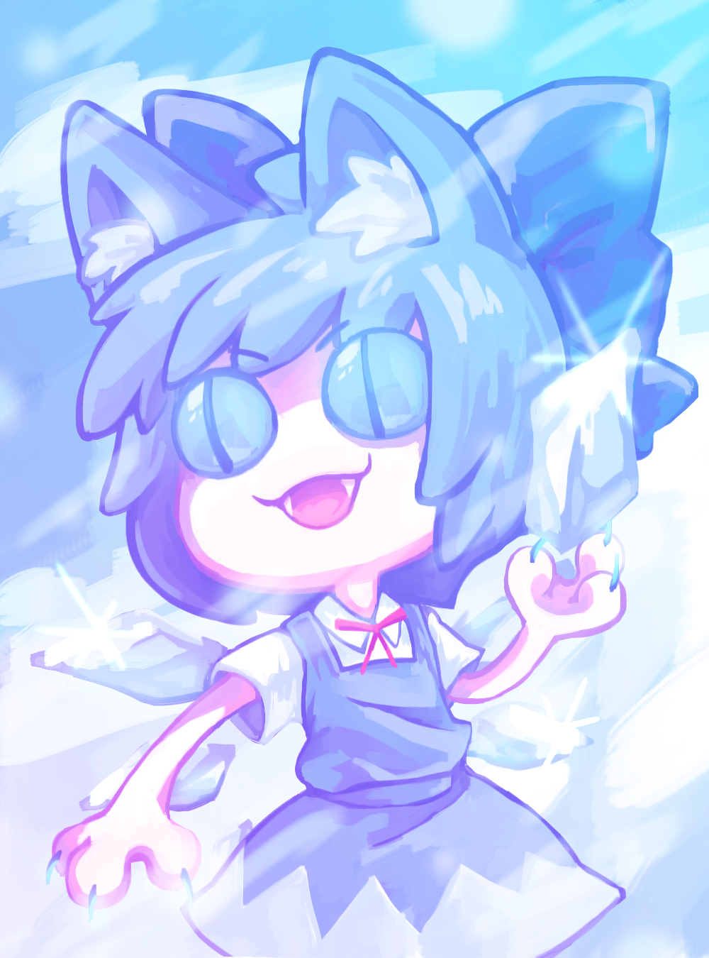 &lt;|&gt;_&lt;|&gt; 1girl :3 animal_ear_fluff animal_ears blue_bow blue_dress blue_hair blue_sclera bow cat_ears cirno cirno_day colored_sclera commentary_request cowboy_shot dress fangs guuchama hair_bow highres ice ice_wings kemonomimi_mode open_mouth pinafore_dress short_hair sleeveless sleeveless_dress smile solo sparkle touhou wings