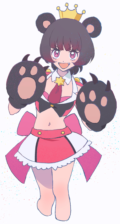 1girl :d akiyama_enma animal_ears animal_hands bare_shoulders bear_ears bear_girl bear_paws black_hair breasts claws cowboy_shot cropped_jacket crown detached_collar fang frilled_skirt frills gloves gradient_hair jacket looking_at_viewer multicolored_hair navel open_mouth paw_gloves pink_hair pink_jacket short_hair skirt sleeveless sleeveless_jacket small_breasts smile solo standing yuri_kuma_arashi yurishiro_ginko