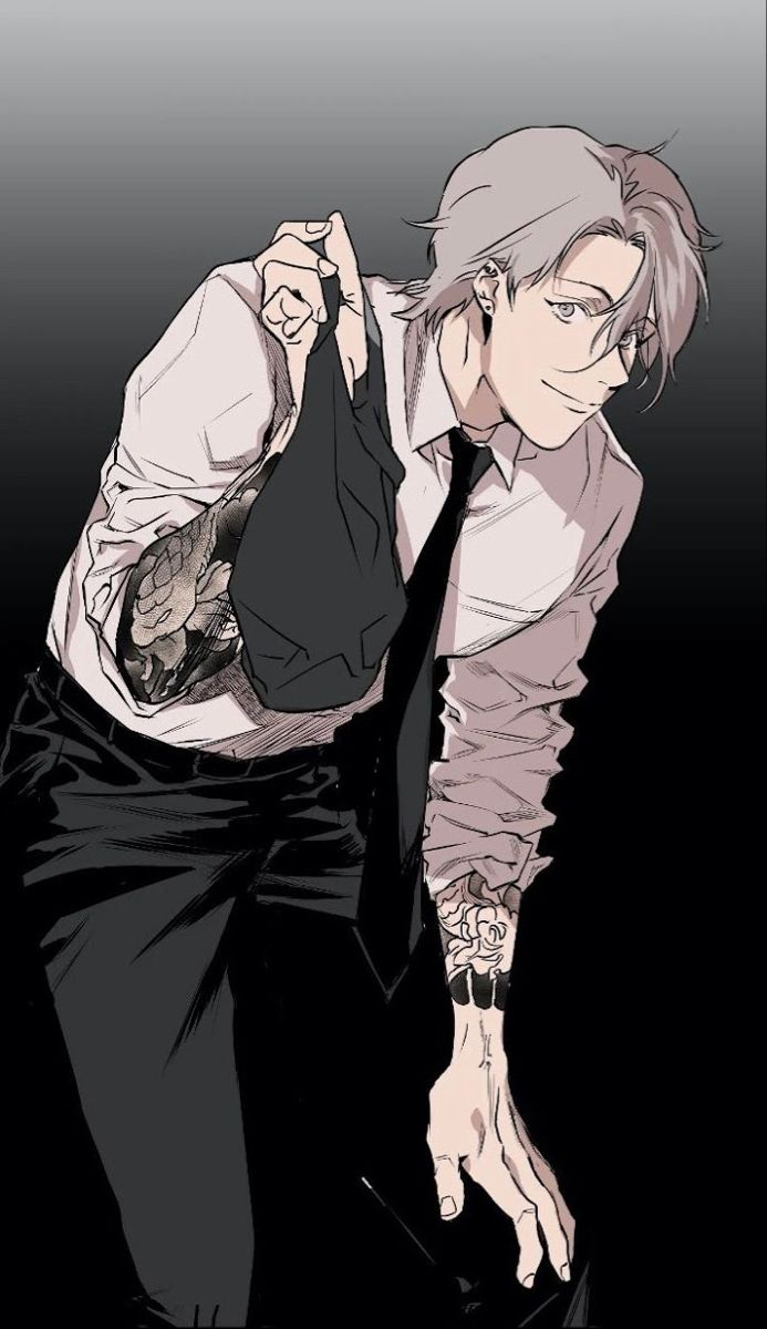 1boy artist_request ear_piercing grey_eyes grey_hair highres lee_min_hyuk legs_which_cannot_walk male_focus necktie pectorals piercing solo tattoo unworn_vest vest