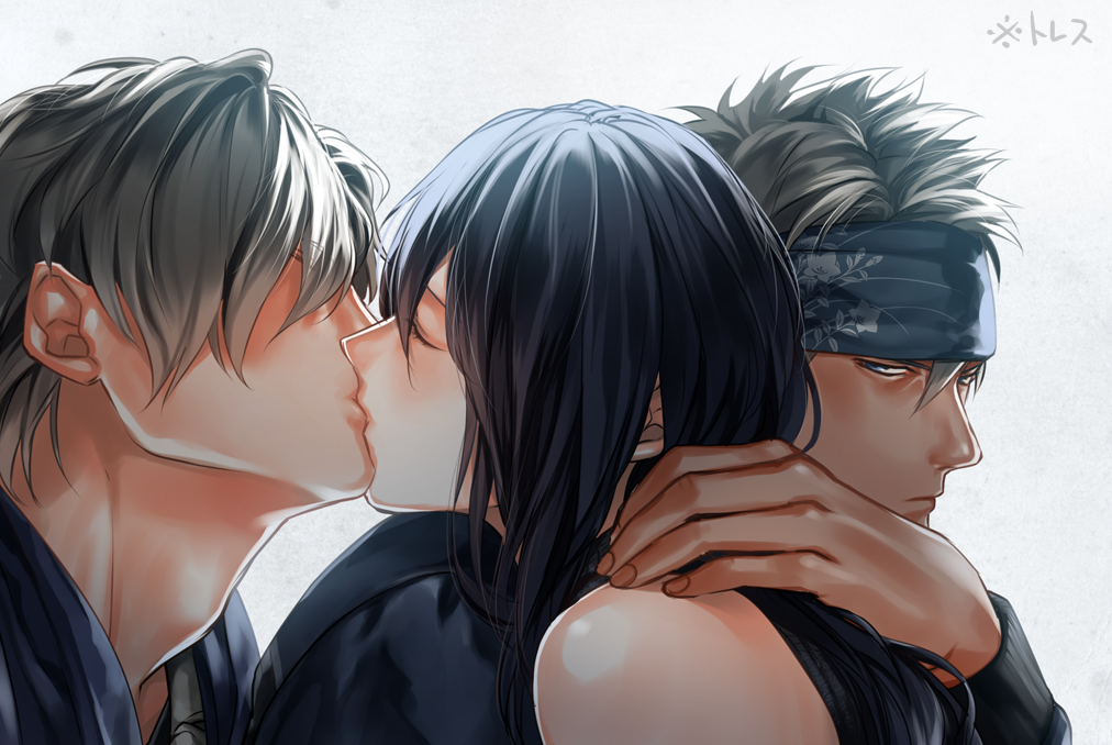 1girl 2boys bandana black_hair closed_eyes from_side grey_background grey_hair hair_over_eyes hand_on_another&#039;s_neck hetero hug kiss long_hair multiple_boys otani_(gloria) tokyo_itan_shinmon