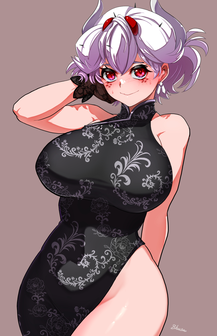 1girl arm_behind_back bare_hips beelzebub_(helltaker) black_dress black_gloves demon demon_girl demon_horns dress earrings freckles fujioka_yatsufusa gloves hand_on_own_head helltaker highres horns jewelry looking_at_viewer red_eyes short_hair white_horns