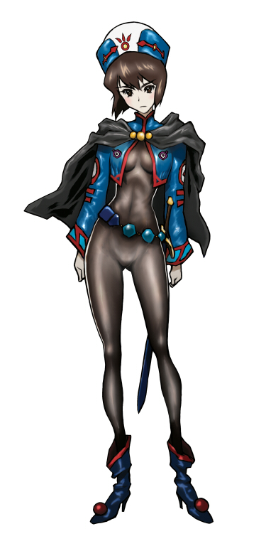 1girl belt black_eyes black_hair blush bob_cut bodysuit boots brown_eyes brown_hair cape capelet chloe_valens female_focus full_body gloves hat high_heels leotard long_sleeves nakazawa_kazuto official_art shoes short_hair skin_tight solo standing sword tales_of_(series) tales_of_legendia weapon white_background