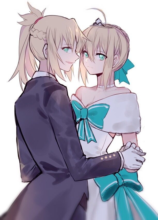 2girls aqua_ribbon artoria_pendragon_(fate) backlighting blonde_hair closed_mouth dress fate/apocrypha fate/stay_night fate_(series) formal_clothes gloves green_eyes hair_between_eyes hair_ribbon half_updo long_hair long_sleeves looking_at_viewer looking_back mordred_(fate) mordred_(fate/apocrypha) mordred_(formal_dress)_(fate) multiple_girls official_alternate_costume parted_lips ponytail ribbon saber_(fate) saber_(formal_dress)_(fate) sidelocks simple_background smile suit white_background white_dress white_gloves yorukun