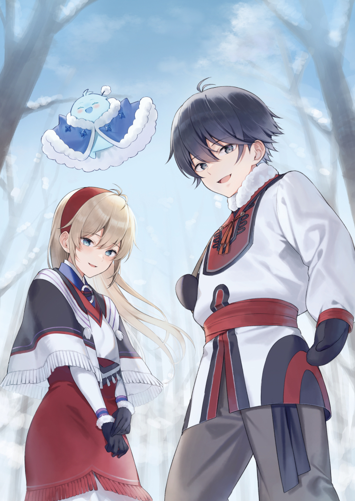 1boy 1girl :d bare_tree black_capelet black_gloves black_hair black_mittens blue_capelet blue_eyes blue_sky brown_hair capelet cloud commentary_request copyright_request creature day fringe_trim fur-trimmed_capelet fur-trimmed_gloves fur_trim gloves grey_eyes grey_pants hair_between_eyes hairband jacket long_hair long_sleeves midorikawa_you mittens open_mouth outdoors pants puffy_long_sleeves puffy_sleeves red_hairband red_skirt shirt skirt sky smile snow tree very_long_hair white_jacket white_shirt
