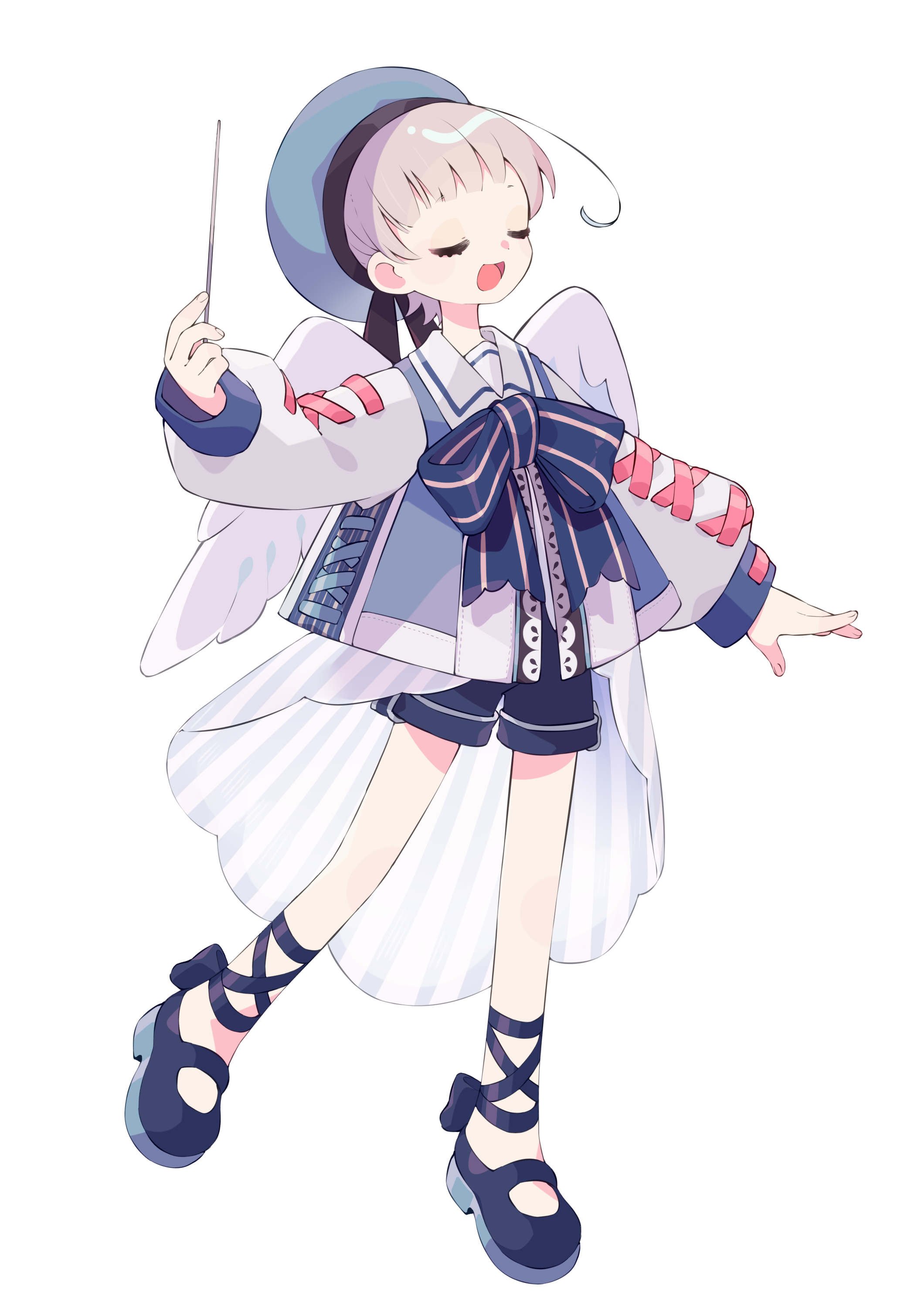 1girl :d absurdres ankle_lace-up blue_bow blue_bowtie blue_hat blue_shoes blue_shorts blunt_bangs bow bowtie closed_eyes commentary_request full_body grey_hair hat highres holding_baton long_sleeves mary_janes open_mouth original shirt shoes short_hair shorts simple_background smile solo sorata123 white_background white_shirt white_wings wings yume_kawaii