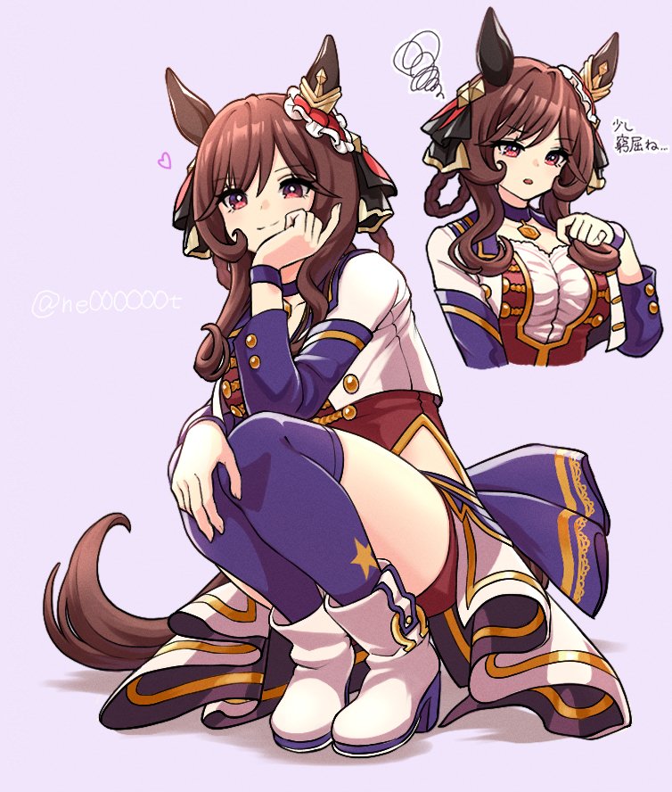 1girl animal_ears boots braid braided_hair_rings breasts brown_hair choker corset cropped_jacket ear_covers gentildonna_(umamusume) hair_rings heart-shaped_ornament heart_ear_ornament horse_ears horse_girl horse_tail jacket large_breasts long_hair looking_at_viewer multiple_views ne000000t overskirt pendant_choker pink_background purple_choker red_corset red_eyes red_shorts shorts simple_background solo squatting squiggle starting_future_(umamusume) tail umamusume white_boots white_jacket wristband