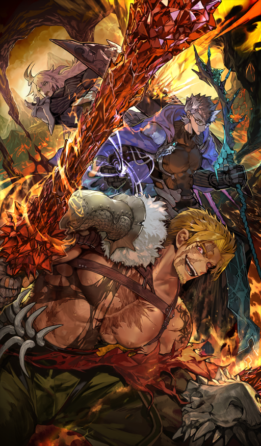 3boys abs arm_tattoo armor belt beowulf_(fate) black-framed_eyewear black_gloves black_hair black_pants black_shirt blonde_hair blue_cape brown_belt cape closed_mouth commentary_request covered_pectorals curtained_hair dark-skinned_male dark_skin dutch_angle fate/grand_order fate_(series) fire glasses gloves holding holding_shield holding_sword holding_weapon lava light_trail male_focus multicolored_hair multiple_boys muscular muscular_male naegling_(fate) nipples no_shirt official_art open_mouth pants pectorals red_eyes scar scar_on_chest scar_on_face shield shirt short_hair shoulder_armor shoulder_belt siegfried_(fate) sigurd_(fate) smile sodate!_my_little_dragon spiked_hair suzuhi_(fullprayer) sword tattoo teeth third-party_source torn_clothes two-tone_hair upper_teeth_only weapon white_hair