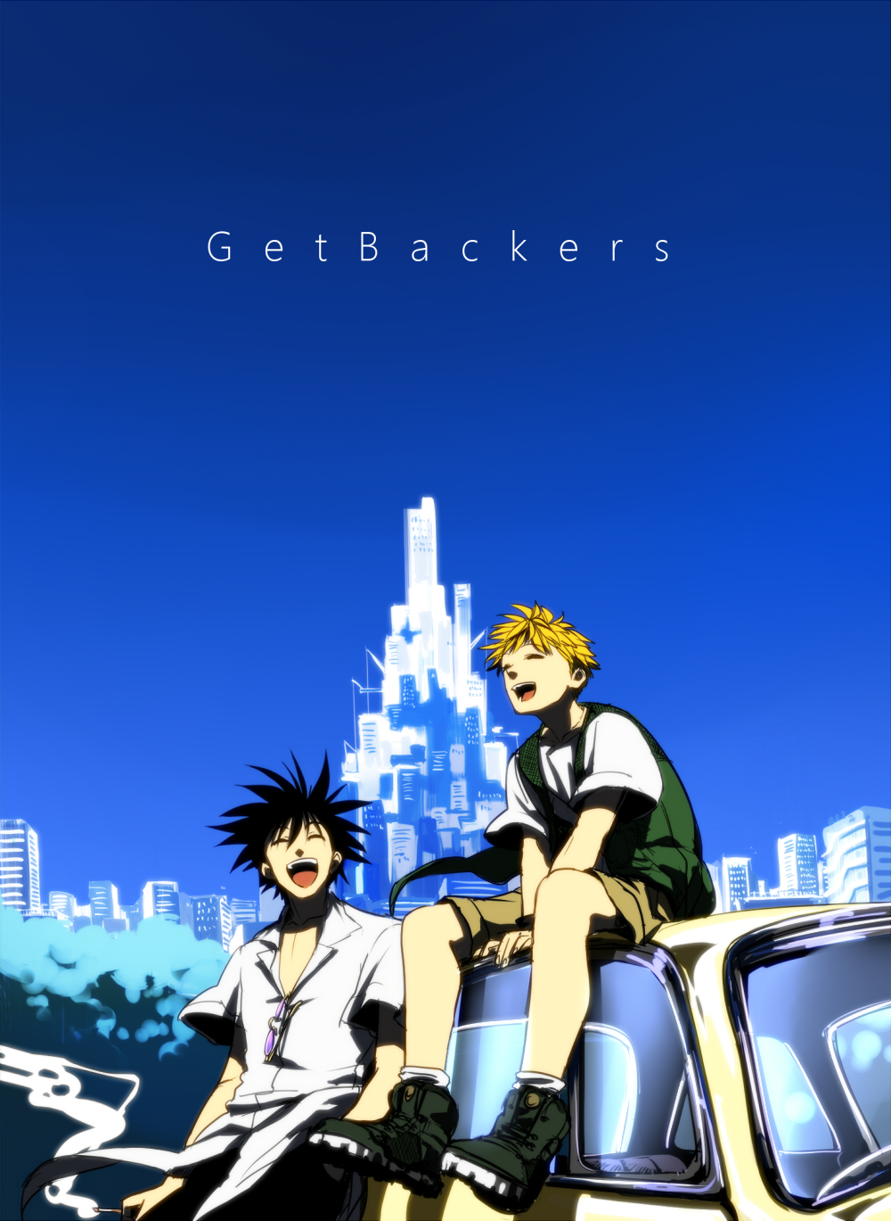 2boys amano_ginji black_hair blonde_hair car cigarette cityscape closed_eyes copyright_name getbackers hand_in_pocket highres holding holding_cigarette midou_ban motor_vehicle multiple_boys on_car open_mouth outdoors serori_(koredemoka) shirt shorts sitting smoke spiked_hair sunglasses white_shirt