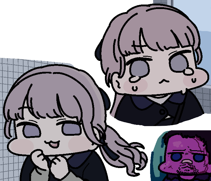 1boy 1girl :3 bandaid bandaid_on_face bandaid_on_nose black_coat black_hair black_ribbon blade_runner_2049 bleeding blood blue_eyes blunt_bangs blush coat colored_skin commentary crying crying_with_eyes_open english_commentary facial_hair goatee_stubble goslingposting_(meme) grey_eyes grey_hair hair_ribbon hashtag-only_commentary jazz_jack k_(blade_runner_2049) lapwing_(vrchat) long_hair looking_to_the_side meme open_mouth ponytail purple_skin ribbon solo solo_focus stubble tears tile_wall tiles vrchat you_look_lonely_(meme)