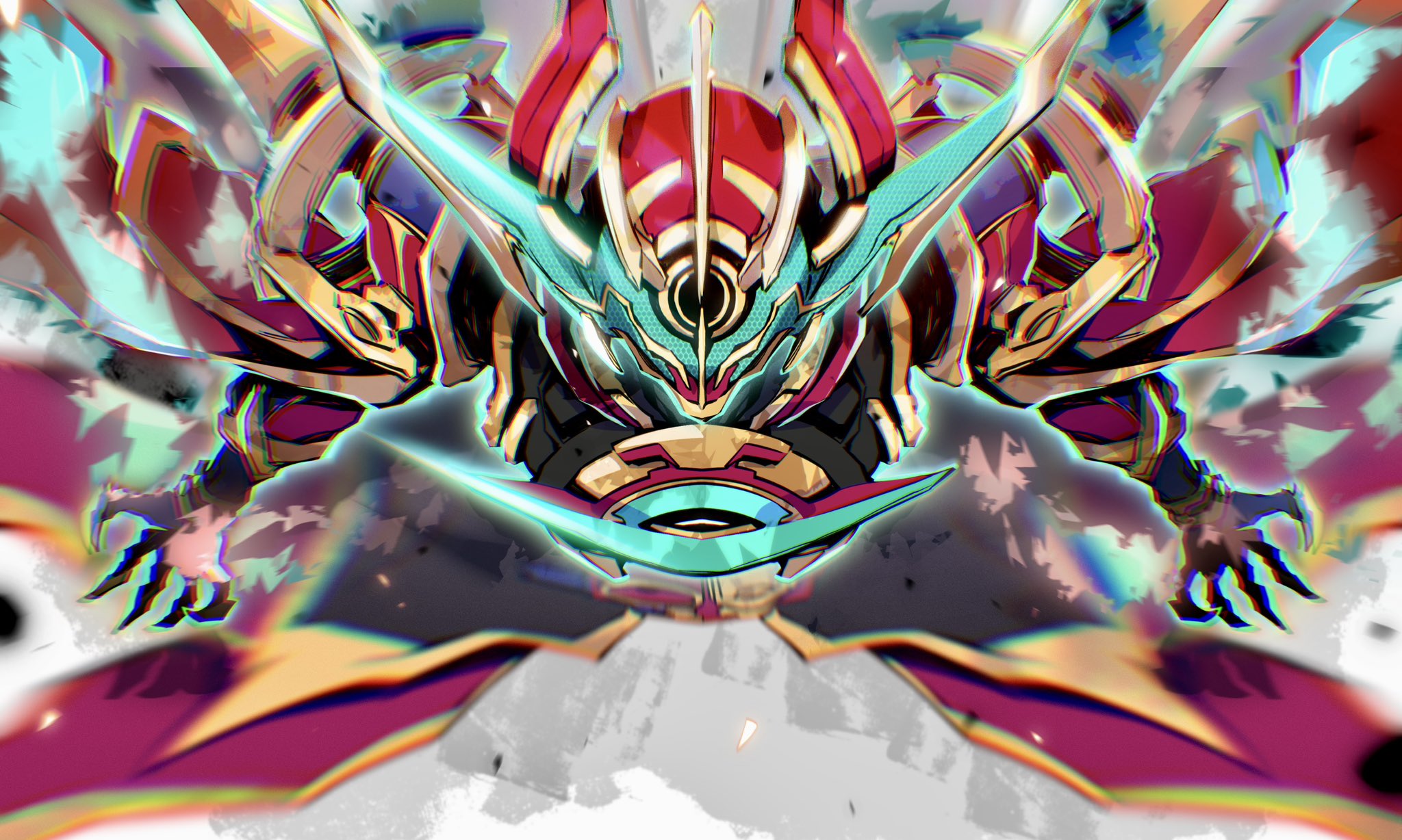 1boy alien armor bodysuit evolto full_armor gloves glowing gold_armor helmet highres horns kamen_rider kamen_rider_build_(series) kamen_rider_evol kamen_rider_evol_x kamen_rider_outsiders linnnoj male_focus multicolored_bodysuit red_eyes science_fiction shoulder_armor shoulder_spikes solo spikes tokusatsu