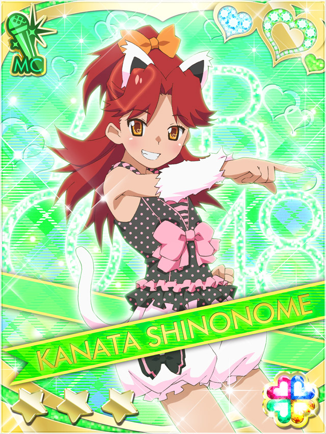 1girl akb0048 animal_ears black_bow bow camisole cat_ears cat_tail character_name clenched_hand cowboy_shot fake_animal_ears fake_tail frilled_camisole frills green_background grin hair_bow heart high_ponytail long_hair looking_at_viewer non-web_source official_art orange_bow orange_eyes outstretched_arm pink_bow pointing polka_dot_camisole ponytail puffy_shorts red_hair shinonome_kanata shorts smile solo sparkle standing star_(symbol) tail teeth white_shorts white_tail