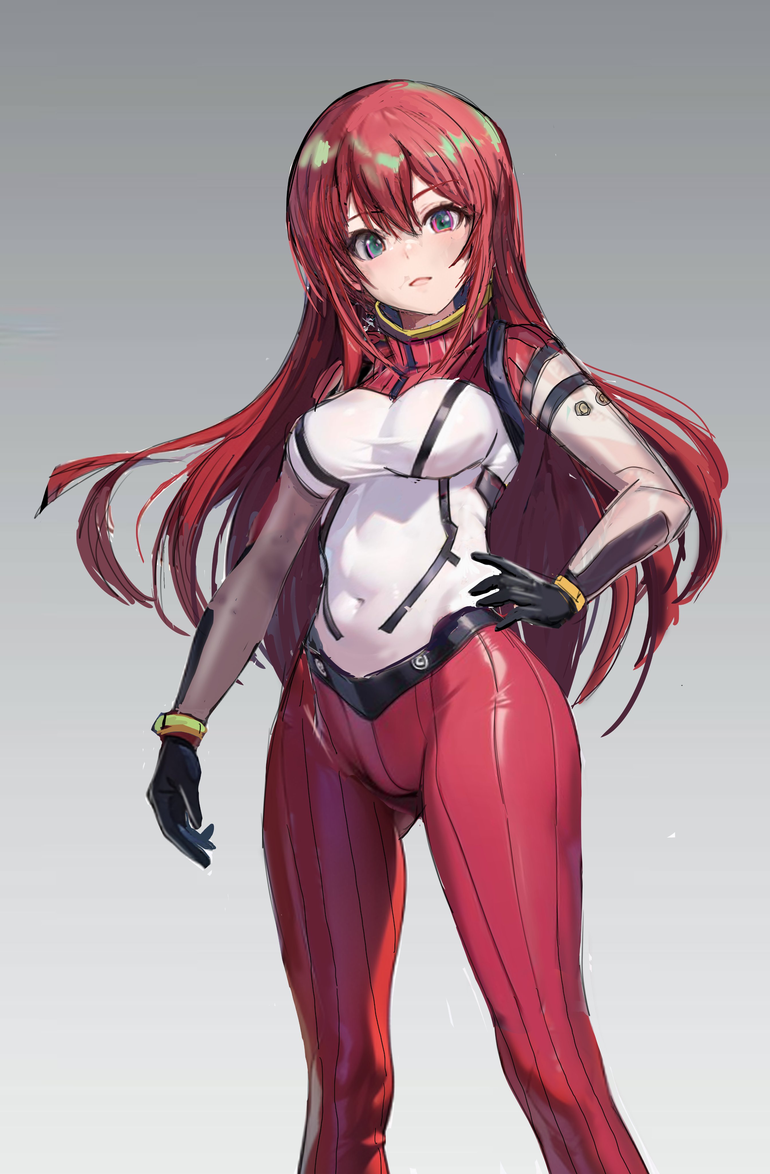 1girl absurdres alternate_hairstyle amate_yuzuriha bodysuit breasts commentary_request cowboy_shot green_eyes grey_background gundam gundam_gquuuuuux highres huo_ji_wu large_breasts long_hair red_bodysuit red_hair simple_background solo white_bodysuit