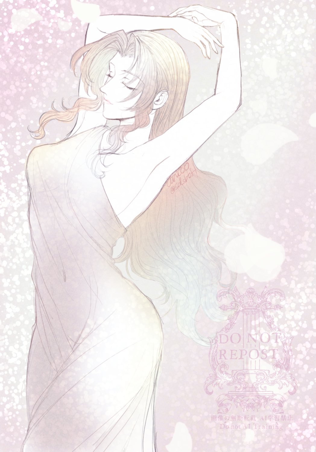 1girl aerith_gainsborough alternate_costume armpits arms_behind_head bare_arms breasts brown_hair closed_eyes cowboy_shot dancing dress final_fantasy final_fantasy_vii highres long_dress long_hair medium_breasts parted_bangs pink_background pink_dress sdsbtfl sideboob sidelocks single_strap sleeveless sleeveless_dress solo twitter_username wavy_hair