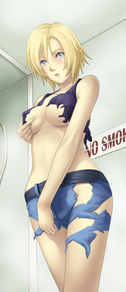 aya_brea belt blonde_hair blue_eyes blush breasts deep_rising nipples parasite_eve_(series) parasite_eve_the_3rd_birthday short_shorts shorts thor_(deep_rising) torn_clothes