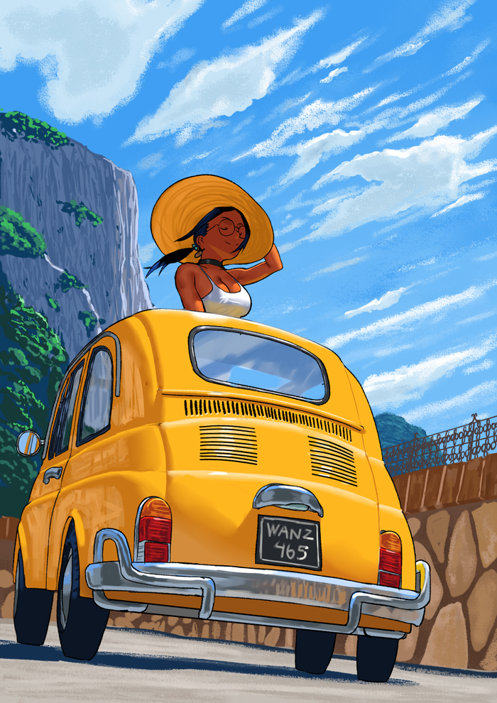 1girl arung_samudra_(cessa) black_hair breasts car cessa cleavage closed_eyes commentary english_commentary fiat fiat_500 glasses hat large_breasts looking_up motor_vehicle ombok_diving_and_delivery_services round_eyewear solo sun_hat tank_top vehicle_focus white_tank_top