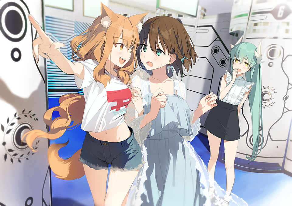 3girls akinashi_yuu animal_ear_fluff animal_ears black_skirt blonde_hair blue_dress blush bow braid breasts brown_hair chaldea_logo charlotte_corday_(fate) charlotte_corday_(photo_studio)_(fate) denim denim_shorts dragon_horns dress fate/grand_order fate_(series) fox_ears fox_girl fox_tail green_eyes green_hair hair_between_eyes hair_bow horns jacket kiyohime_(fate) locked_arms long_hair medium_breasts medium_hair multiple_girls official_art open_mouth promotional_art see-through_clothes see-through_jacket shirt short_sleeves shorts side_braid skirt sleeveless smile suzuka_gozen_(fate) t-shirt tail very_long_hair white_shirt yellow_eyes