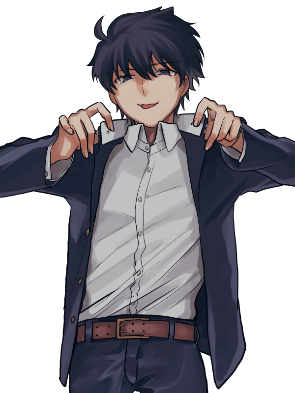 1boy :p belt black_eyes black_hair collared_shirt commentary english_commentary gakuran jacket looking_at_viewer male_focus melty_blood metarogu nanaya_shiki open_clothes open_jacket school_uniform shirt simple_background smile solo tongue tongue_out tsukihime upper_body white_background