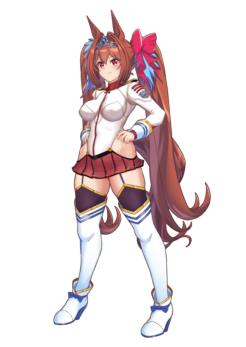 1girl animal_ears breasts brown_hair closed_mouth collar cosplay daiwa_scarlet_(umamusume) full_body garter_straps hair_intakes hair_tie hand_on_own_hip headgear hip_vent horse_ears horse_girl horse_tail jacket kantai_collection large_breasts long_hair moke_ro pleated_skirt purple_eyes red_skirt simple_background skirt solo standing tail thighhighs tiara trait_connection twintails uchuu_senkan_yamato uchuu_senkan_yamato_2199 umamusume very_long_hair white_background white_jacket white_thighhighs yamato_(kancolle) yamato_(kancolle)_(cosplay)