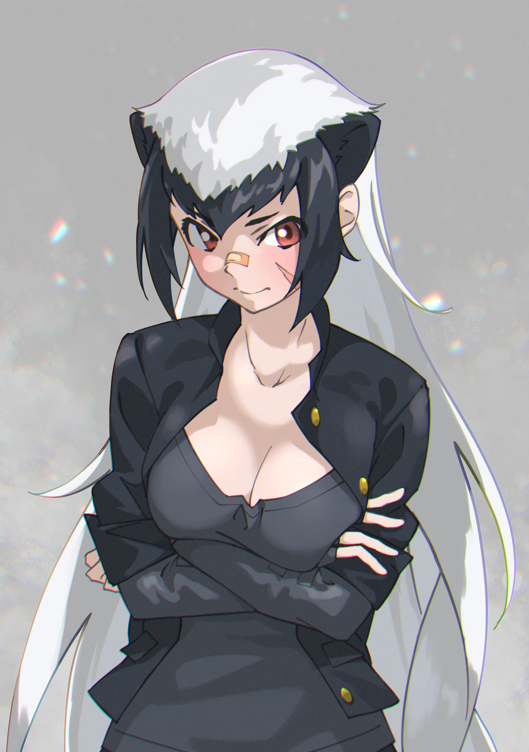 1girl absurdres animal_ears arms_under_breasts badger_ears bandaid bandaid_on_face bandaid_on_nose black_hair black_shirt breasts buttons cleavage closed_mouth collarbone collared_shirt crossed_arms dress_shirt elbow_gloves extra_ears eyes_visible_through_hair facial_scar fingerless_gloves gloves grey_hair grey_shirt highres kemono_friends light_blush long_hair medium_breasts multicolored_hair open_clothes open_shirt ratel_(kemono_friends) red_eyes scar scar_on_cheek scar_on_face shirt sidelocks solo tanabe_(fueisei) unbuttoned undershirt upper_body very_long_hair