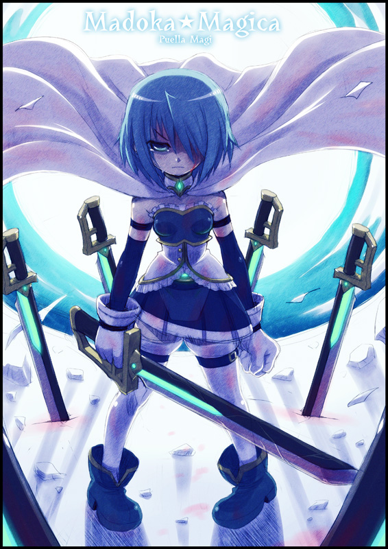 10s 1girl armband blood blue_eyes blue_hair border cape female_focus full_body gloves go! gradient_background hair_over_one_eye magical_girl mahou_shoujo_madoka_magica mahou_shoujo_madoka_magica_(anime) matching_hair/eyes miki_sayaka miki_sayaka_(magical_girl) skirt solo sword tears thighhighs weapon white_background