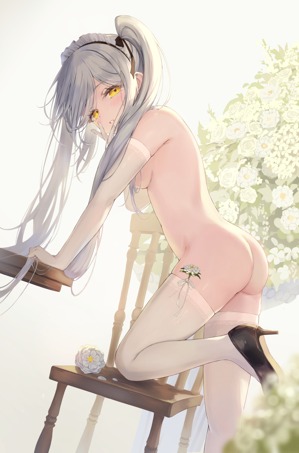 1girl akie_(44265104) ass blurry breasts chair depth_of_field elbow_gloves flower from_side gloves high_heels highres leaning_on_table long_hair looking_at_viewer maid_headdress nude original parted_lips sideboob small_breasts soles table thighhighs twintails very_long_hair white-haired_girl_(akie) white_flower white_thighhighs yellow_eyes