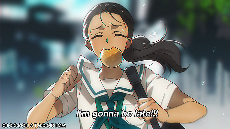 1girl artist_name black_hair bread_bun cioccolatodorima closed_eyes commentary dark-skinned_female dark_skin english_commentary food_in_mouth furrowed_brow green_neckerchief lanyard late_for_school long_hair mouth_hold neckerchief original ponytail running sailor_collar school_uniform serafuku shirt short_sleeves solo subtitled upper_body white_sailor_collar white_shirt