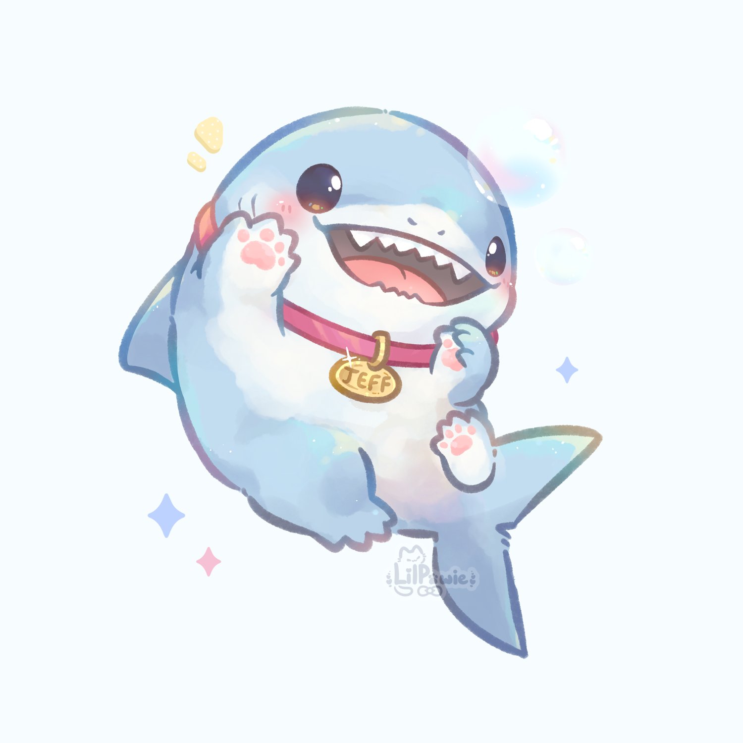 1boy artist_name blush bubble character_name chibi collar commentary diffraction_spikes english_commentary fangs fins fish_tail gills highres jeff_(marvel) lilpawie looking_at_viewer marvel marvel_rivals notice_lines open_mouth pawpads shark shark_fin shark_tail smile sparkle tail watermark white_background