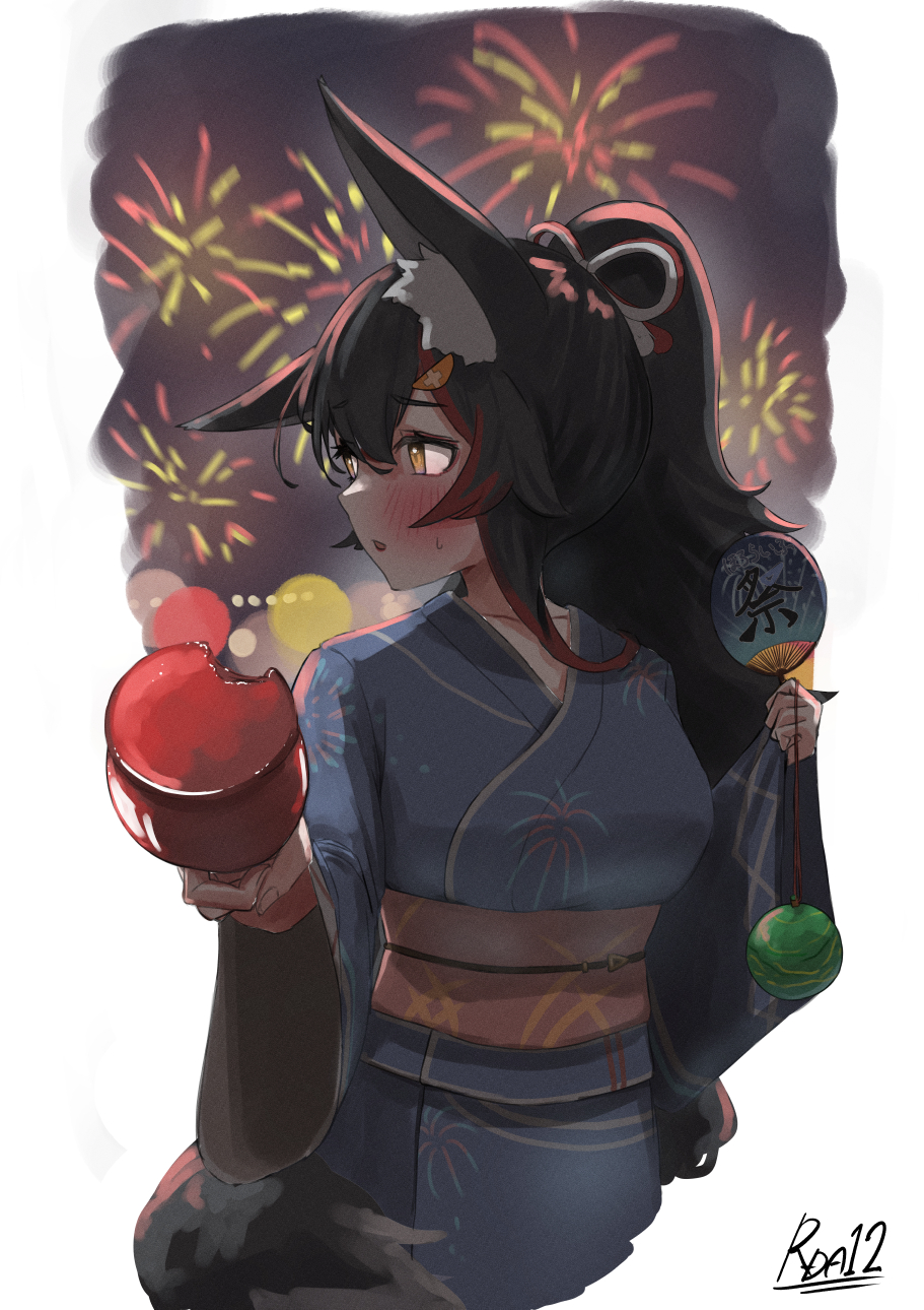 1girl aerial_fireworks animal_ears averting_eyes black_hair blue_kimono blush candy_apple commentary_request cropped_torso fireworks fireworks_print food hand_fan high_ponytail highres holding_candy_apple holding_food hololive hug incoming_food japanese_clothes kimono long_hair looking_to_the_side multicolored_hair nattoushouyu3 obi ookami_mio paid_reward_available paper_fan ponytail red_hair sash signature solo spiked_hair streaked_hair sweatdrop tail uchiwa very_long_hair virtual_youtuber w_arms water_yoyo wolf_ears wolf_girl wolf_tail yellow_eyes yukata