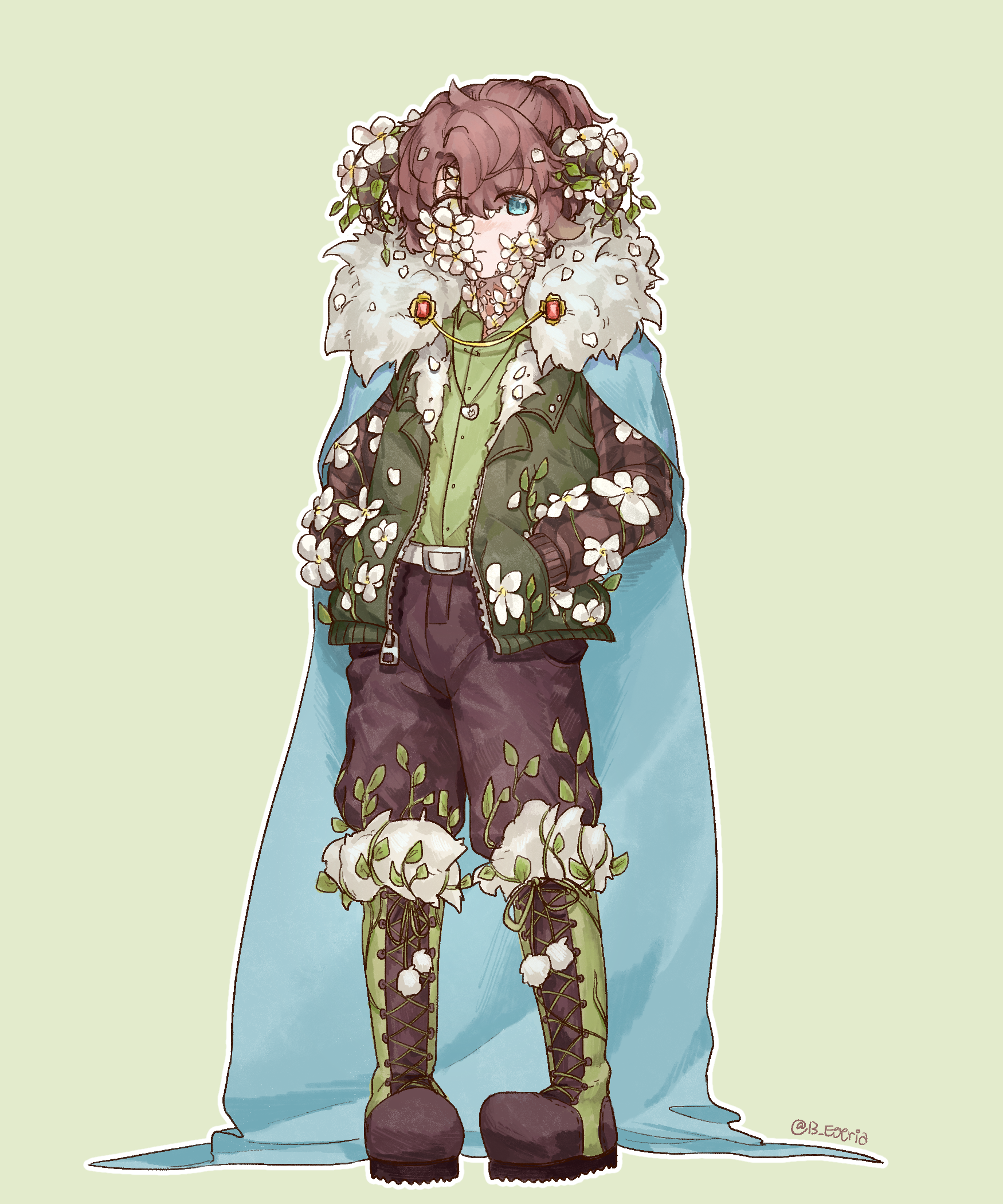 1boy adapted_costume ahoge alternate_animal_ears alternate_hairstyle alternate_horns animal_ears aqua_cape bishounen blue_eyes boots brown_hair brown_pants cape commentary dream_smp english_commentary flower full_body fur_trim green_background green_boots hands_in_pockets highres horns juzo_xiii male_focus minecraft_youtube pants ponytail sheep_boy sheep_ears sheep_horns short_hair simple_background solo standing tubbo white_flower