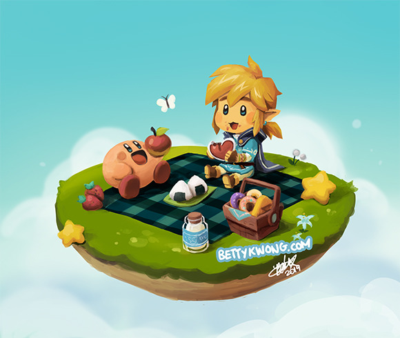 bettykwong blonde_hair blue_cape blue_eyes blue_shirt blue_sky boots bug butterfly cape chibi cloud donut eating food fruit grass bug kirby kirby_(series) link milk nintendo onigiri picnic shirt silent_princess sky smile star_(symbol) strawberry the_legend_of_zelda the_legend_of_zelda:_breath_of_the_wild