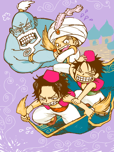&gt;_&lt; 4boys @58 aladdin_(character)_(cosplay) aladdin_(disney) aladdin_(movie) angry arabian_clothes baggy_pants beard black_hair blonde_hair brother brothers carpet castle clenched_teeth closed_eyes cosplay crossed_arms crossover disney facial_hair family fez_hat flying freckles genie_(aladdin) genie_(aladdin)_(cosplay) grin harem_pants hat holding magic_carpet male_focus monkey_d._garp monkey_d._luffy multiple_boys mustache oekaki one_piece open_mouth pants parody portgas_d._ace riding sabo_(one_piece) scar siblings smile sweatdrop teeth tegaki top_hat turban turn_pale vest