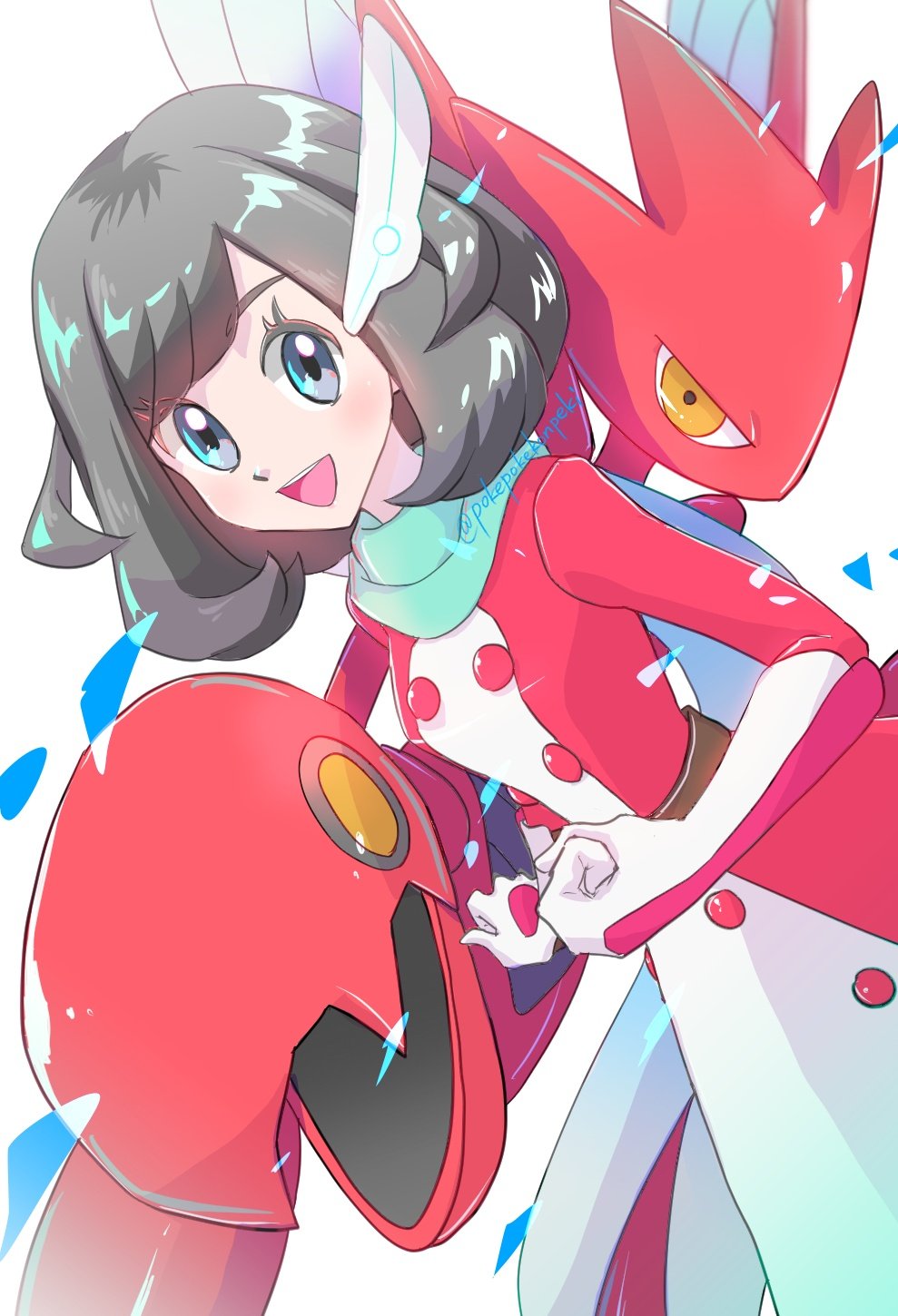 1girl :d black_eyes black_hair clenched_hand commentary_request dress gen_2_pokemon gloves hair_ornament highres long_sleeves looking_at_viewer nintendo official_alternate_costume open_mouth pokemon pokemon_(creature) pokemon_masters_ex pokepokekonpeki red_dress scarf scizor selene_(pokemon) selene_(special_costume)_(pokemon) short_hair smile teeth twitter_username two-tone_dress upper_teeth_only white_background white_dress white_gloves