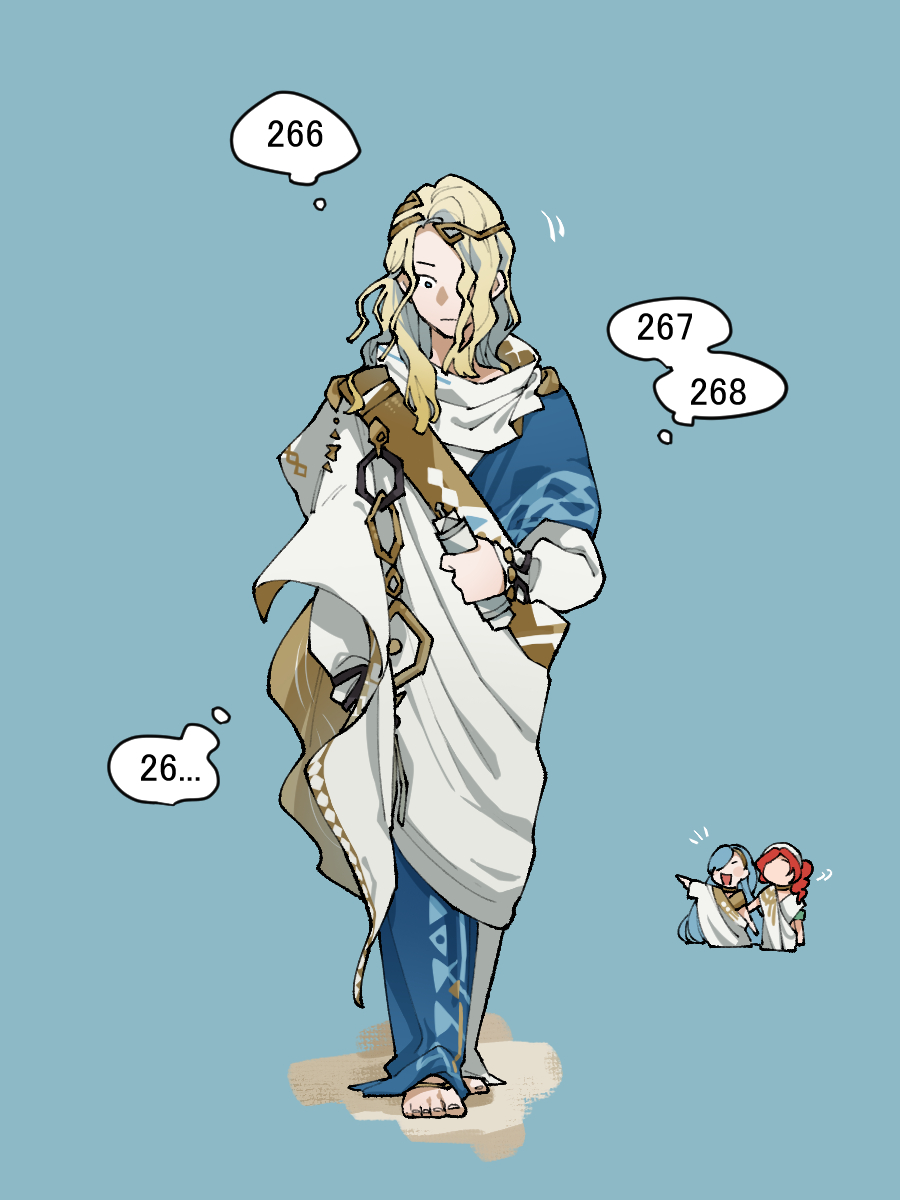 1boy 2girls 37_(reverse:1999) 6_(reverse:1999) ancient_greek_clothes barefoot blonde_hair blue_background blue_hair circlet closed_mouth counting faceless faceless_female greco-roman_clothes hair_over_one_eye highres himation holding holding_scroll kaeru_(uj26cobrsv) long_hair looking_down male_focus multiple_girls one_eye_covered pointing pointing_at_another red_hair reverse:1999 scroll shout_lines solo_focus sophia_(reverse:1999) speech_bubble thought_bubble walking