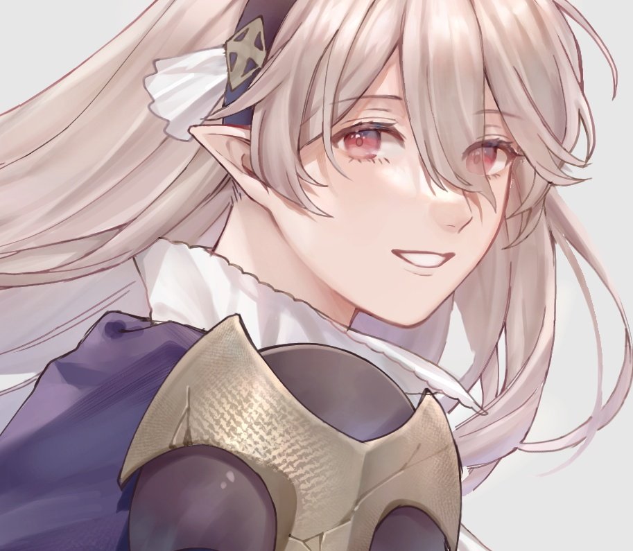 1girl ai_tkkm blue_cape cape female_corrin_(fire_emblem) female_corrin_(nohr_noble)_(fire_emblem) fire_emblem fire_emblem_fates grey_background grey_hair grin hairband long_hair looking_at_viewer looking_back nintendo pointy_ears portrait red_eyes simple_background smile solo