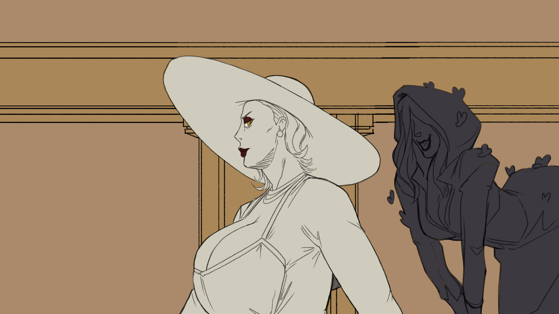 2021 2girls alcina_dimitrescu animated animated_gif artist_name beige_dress bela_dimitrescu bouncing_breasts breasts brokenmojo capcom cleavage cloak collar collarbone commentary dress earrings english_commentary eyeshadow female_focus floating floating_hair flower gloves hat heart highres hood hood_down hood_up huge_breasts indoors jewelry long_dress long_sleeves looking_at_another makeup mature_female monochrome multiple_girls necklace own_hands_together pearl_necklace perspective red_eyeshadow red_lips resident_evil resident_evil_village rose short_hair simple_bird smile solo spot_color sun_hat tall_female upper_body vampire walking yellow_eyes
