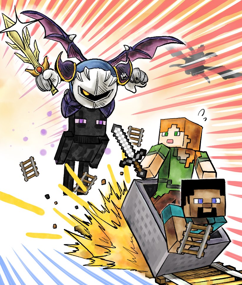 alex_(minecraft) armor bat_wings chasing enderman gloves halberd_(airship) holding holding_sword holding_weapon kicdon kirby_(series) kirby_super_star mask meta_knight minecart minecraft minecraft_sword nintendo pauldrons purple_eyes railroad_tracks shoulder_armor steve_(minecraft) super_smash_bros. sword weapon white_gloves wings yellow_eyes