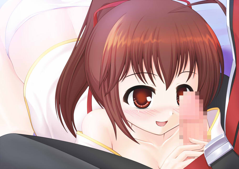 1boy 1girl blazblue blush brown_hair celica_a._mercury erection handjob hetero looking_at_penis panties penis penis_grab ragna_the_bloodedge red_ribbon ribbon smile solo_focus underwear white_panties